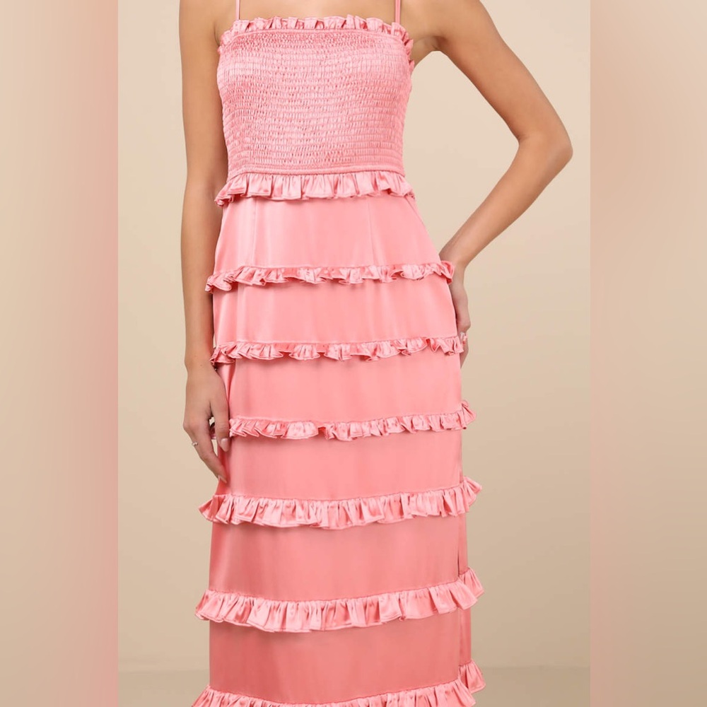 NWT Lulus Sincerely Fabulous Peach Pink Satin Smocked Ruffled Maxi Dress - Picture 3 of 7